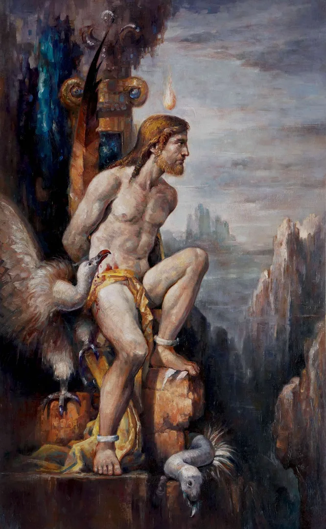 "Prometheus" eseri ADEM BAŞPINAR tarafından 2022 yılında 115x70 cm ölçülerinde Tuval üzeri yağlı boya tekniği ile yapılmıştır.