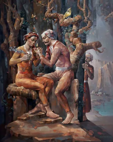 ADEM BAŞPINAR — “Mem-u Zin”, 2022 "Mem-u Zin" eseri ADEM BAŞPINAR tarafından 2022 yılında 150x120 cm ölçülerinde Tuval üzeri akrilik boya tekniği ile yapılmıştır.