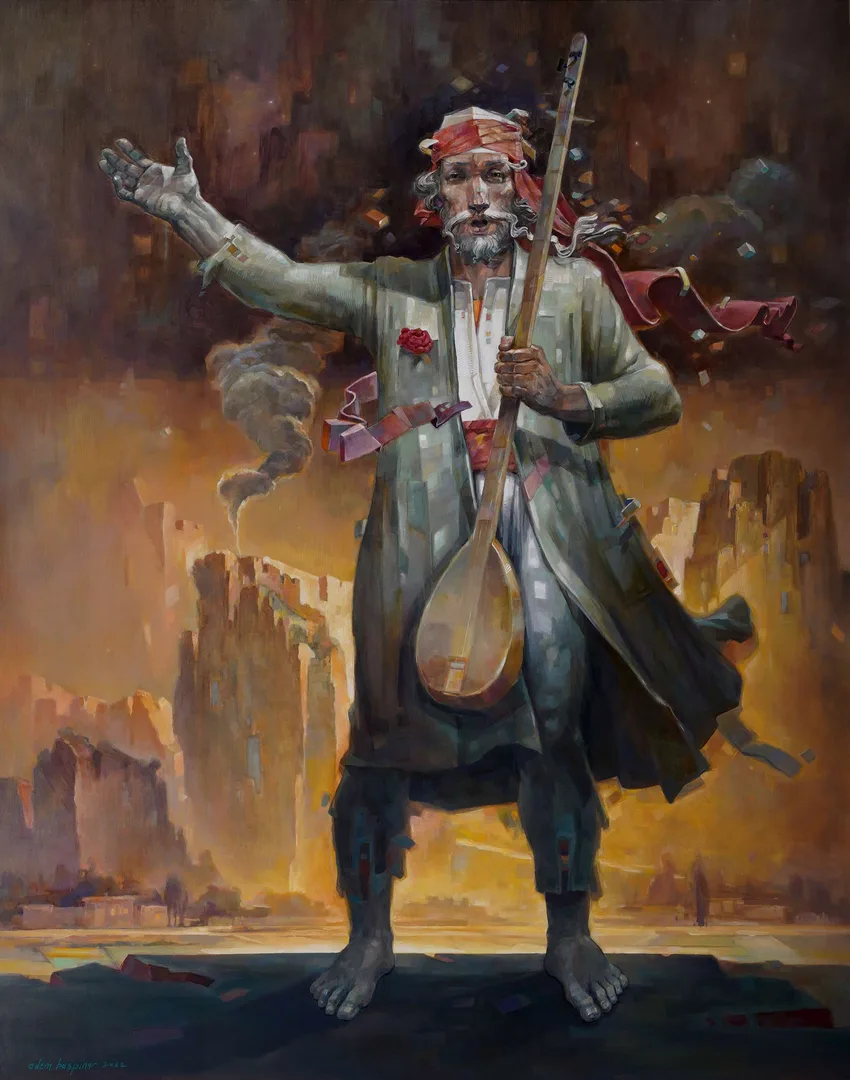 "''Çerağ-2'' Pir Sultan" eseri ADEM BAŞPINAR tarafından 2022 yılında 150x120 cm ölçülerinde Tuval üzeri akrilik boya tekniği ile yapılmıştır.