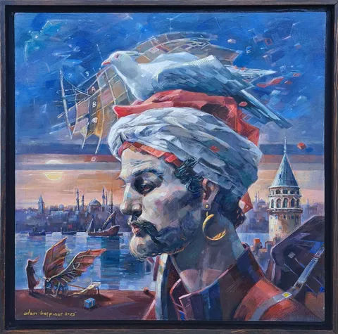 "Hazerfen -II" eseri ADEM BAŞPINAR tarafından 2023 yılında 60x60 cm ölçülerinde Tuval üzeri akrilik boya tekniği ile yapılmıştır.