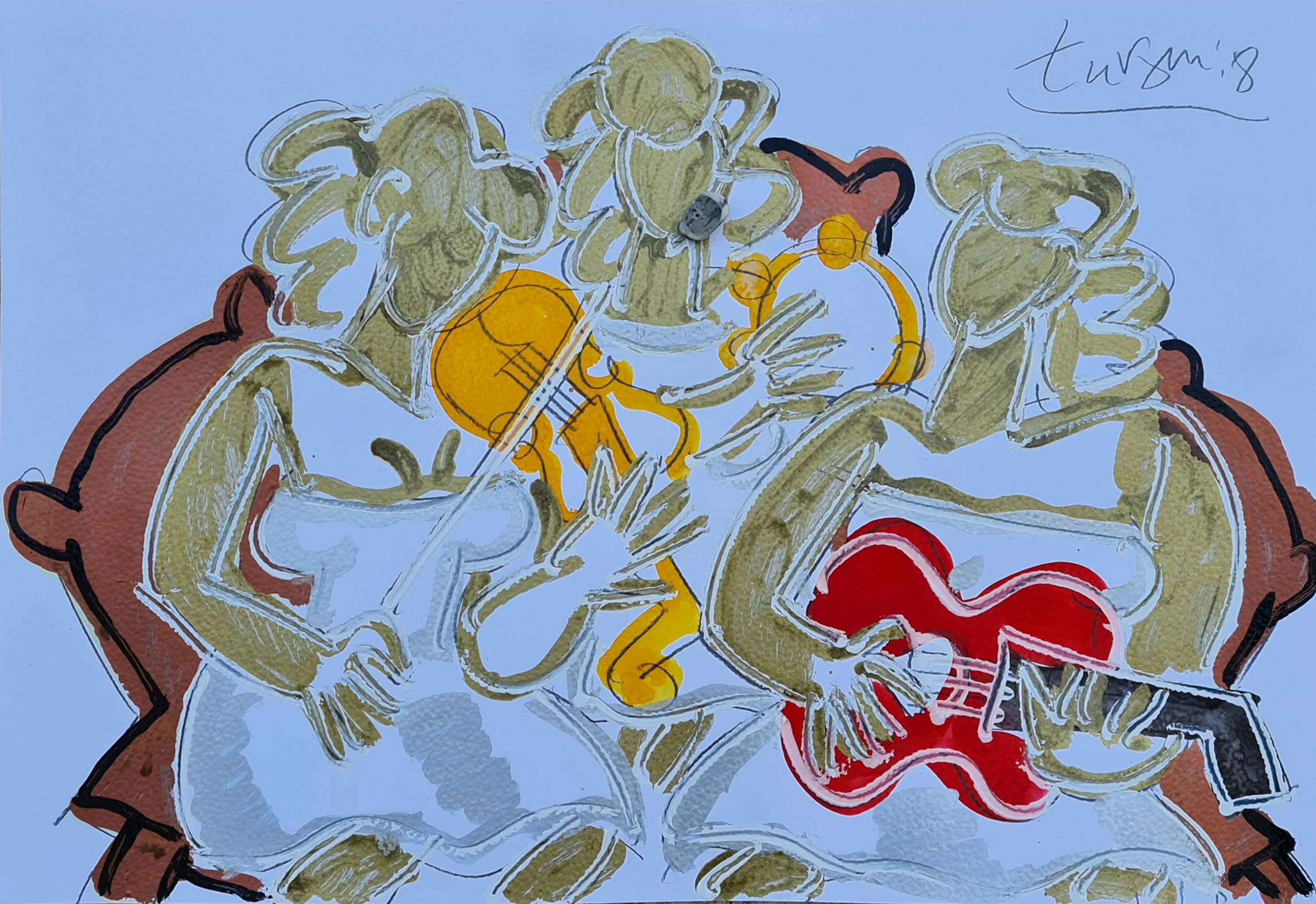 "Müzisyenler Trio" eseri ADNAN TURANİ tarafından 2008 yılında 60x80 cm ölçülerinde Kağıt üzeri yağlı boya tekniği ile yapılmıştır.