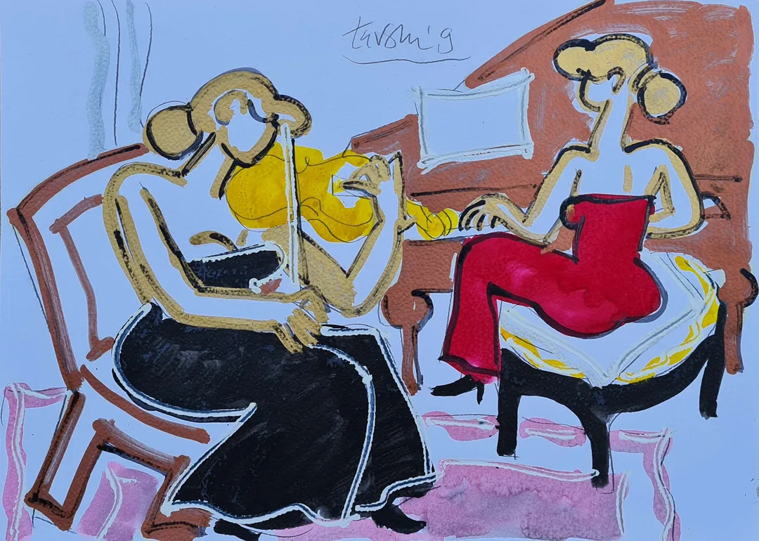 yakınlaştır "Müzisyenler İkili" eseri ADNAN TURANİ tarafından 2009 yılında 60x80 cm ölçülerinde Kağıt üzeri yağlı boya tekniği ile yapılmıştır.