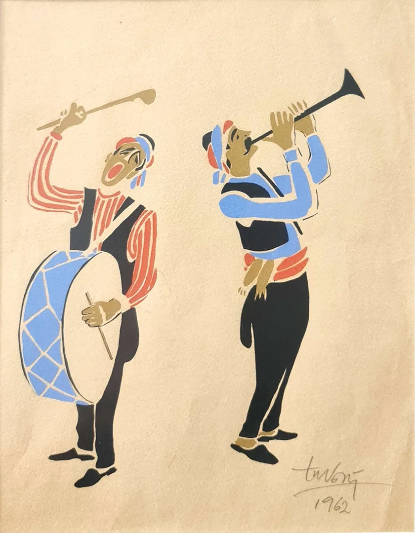 yakınlaştır "Ramazan Davulcusu" eseri ADNAN TURANİ tarafından 1962 yılında 28x21 cm ölçülerinde Kağıt üzeri guaj boya tekniği ile yapılmıştır.