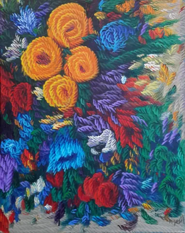 "Benim Çiçeklerim" eseri AHMET YEŞİL tarafından 2000 yılında 50x40 cm ölçülerinde Tuval üzeri yağlı boya tekniği ile yapılmıştır.