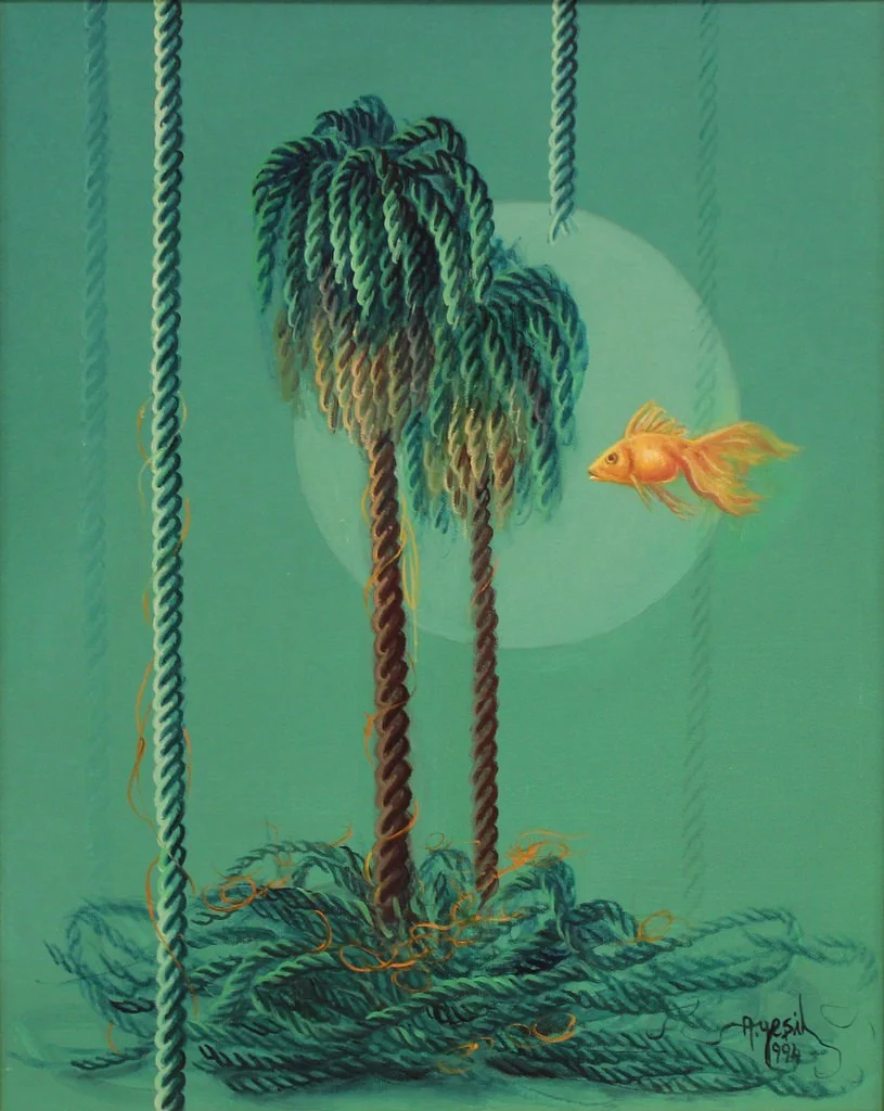 "Nostaljik Takılan Balıklar" eseri AHMET YEŞİL tarafından 1994 yılında 50x40 cm ölçülerinde Tuval üzeri yağlı boya tekniği ile yapılmıştır.