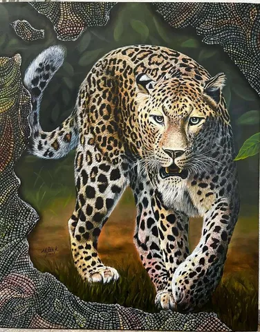 "Leopar" eseri ALİ FATİH KÜÇÜKOSMANOĞLU tarafından 2023 yılında 100x80 cm ölçülerinde Tuval üzeri yağlı boya tekniği ile yapılmıştır.