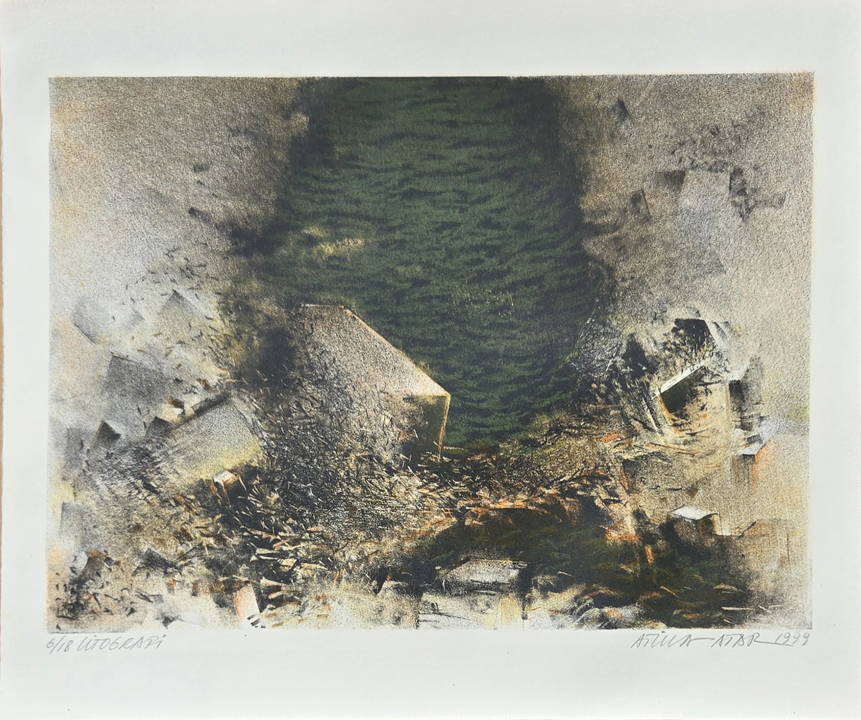 "İsimsiz" eseri ATİLLA ATAR tarafından 1999 yılında 32x40 cm ölçülerinde Litografi tekniği ile yapılmıştır.