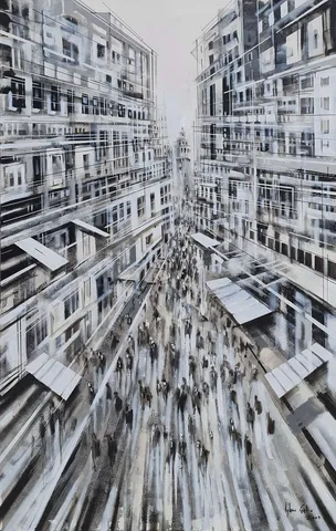 "İstanbul / İstiklal Caddesi" eseri AYHAN ÇETİN tarafından 2023 yılında 130x80 cm ölçülerinde Tuval üzeri akrilik boya tekniği ile yapılmıştır.