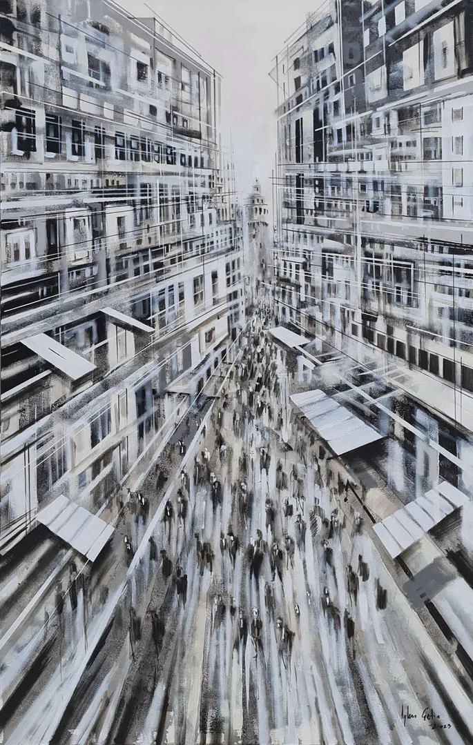 "İstanbul / İstiklal Caddesi" eseri AYHAN ÇETİN tarafından 2023 yılında 130x80 cm ölçülerinde Tuval üzeri akrilik boya tekniği ile yapılmıştır.