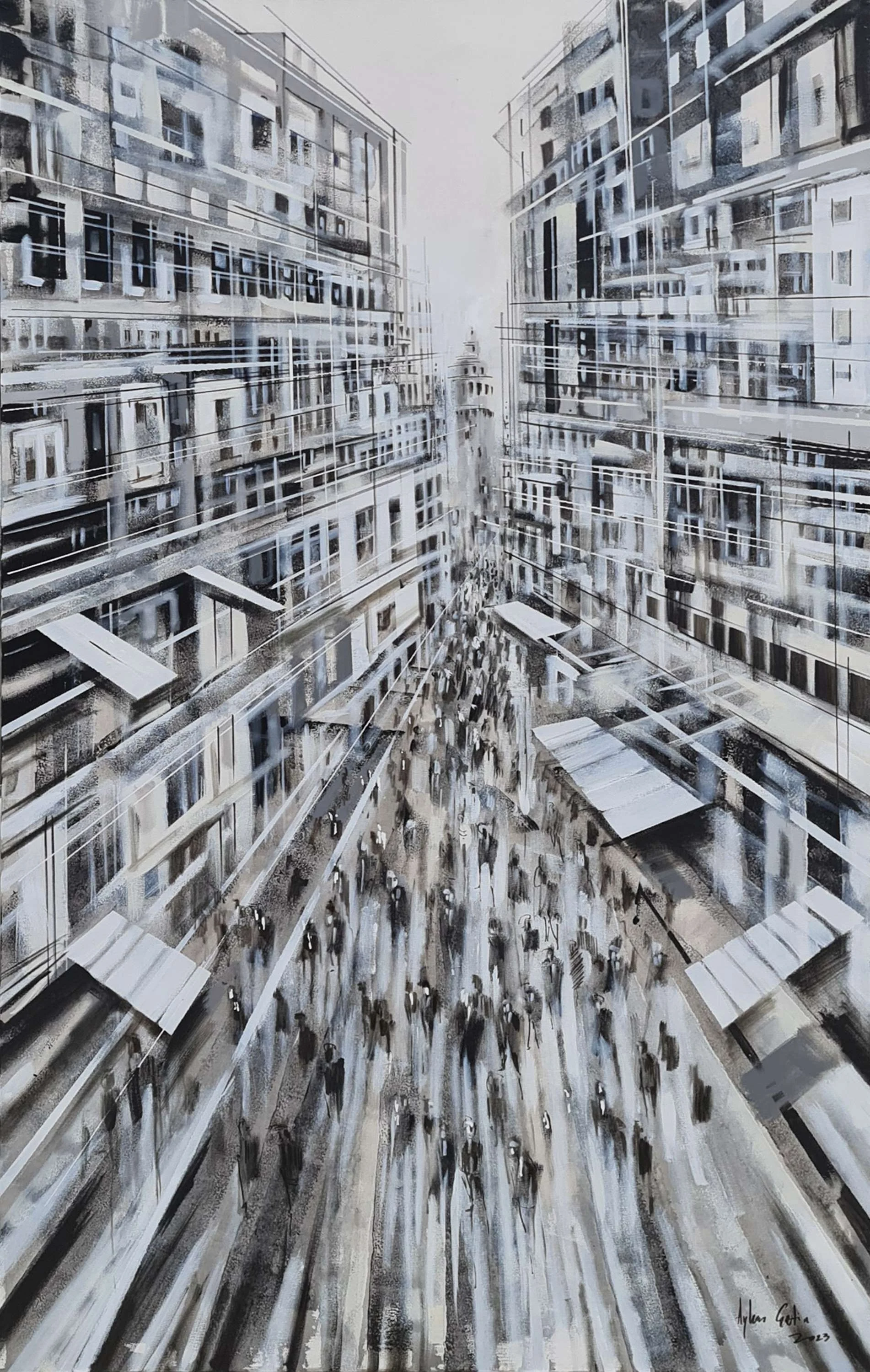 "İstanbul / İstiklal Caddesi" eseri AYHAN ÇETİN tarafından 2023 yılında 130x80 cm ölçülerinde Tuval üzeri akrilik boya tekniği ile yapılmıştır.