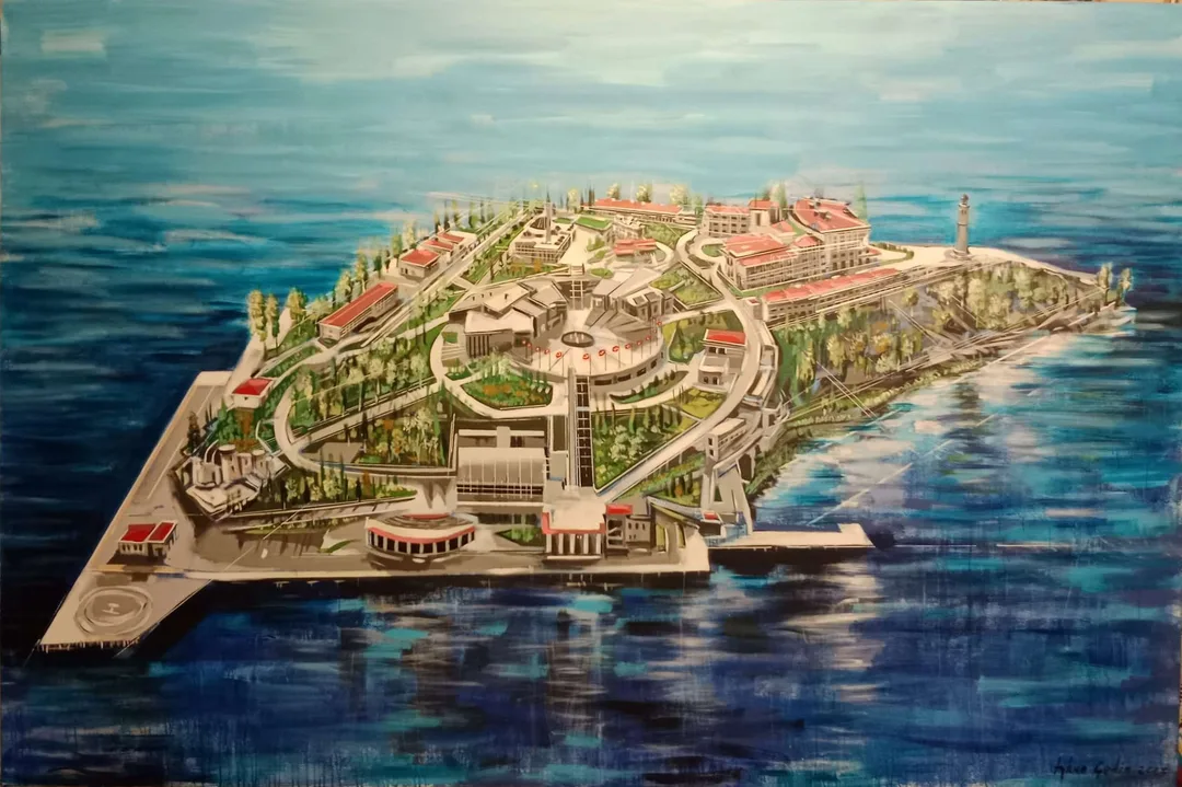 "Yassıada" eseri AYHAN ÇETİN tarafından 2023 yılında 200x300 cm ölçülerinde Tuval üzeri akrilik boya tekniği ile yapılmıştır.