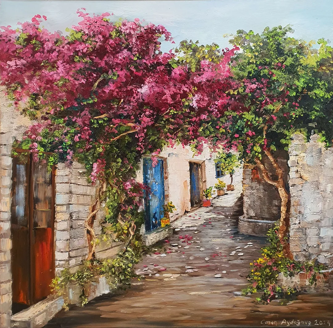 "Bodrum'da Sokak -1" eseri CANAN AYDOĞMUŞ tarafından 2024 yılında 60x60 cm ölçülerinde Tuval üzeri yağlı boya tekniği ile yapılmıştır.