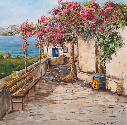 CANAN AYDOĞMUŞ — “Bodrum'da Sokak -2”, 2024 "Bodrum'da Sokak -2" eseri CANAN AYDOĞMUŞ tarafından 2024 yılında 60x60 cm ölçülerinde Tuval üzeri yağlı boya tekniği ile yapılmıştır.