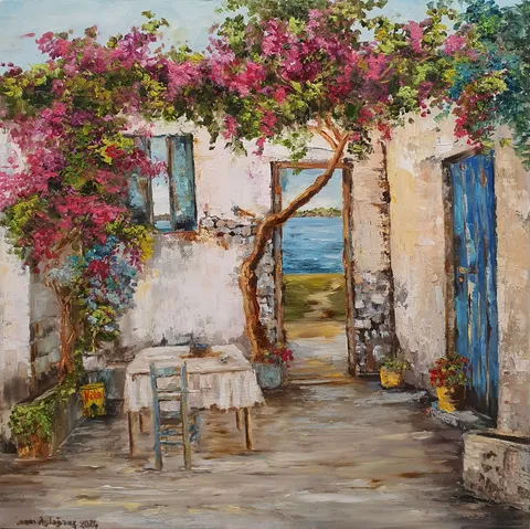 "Bodrum'dan - 2" eseri CANAN AYDOĞMUŞ tarafından 2024 yılında 60x60 cm ölçülerinde Tuval üzeri yağlı boya tekniği ile yapılmıştır.