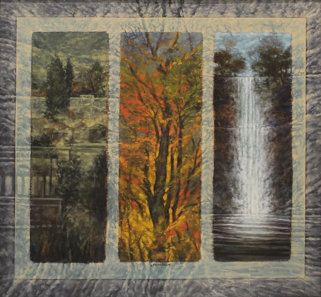 yakınlaştır "Üçlü Görünüm" eseri CELALETTİN TANDOĞDU tarafından 2005 yılında 70x72 cm ölçülerinde Pres tuval üzeri yağlı boya tekniği ile yapılmıştır.