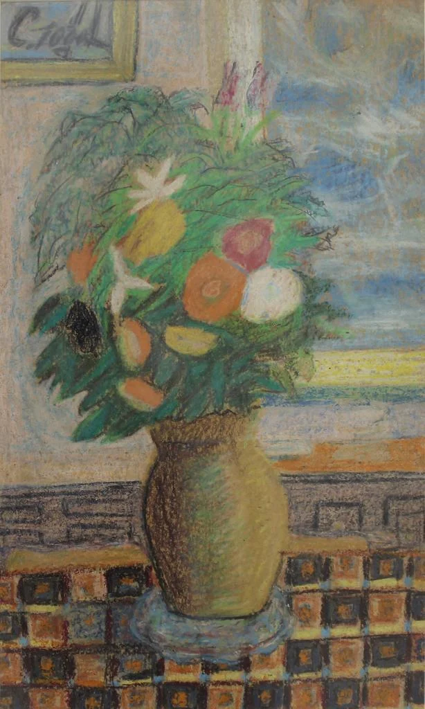 "Natürmort" eseri CEMAL BİNGÖL tarafından 51x30 cm ölçülerinde Kağıt üzeri pastel boya tekniği ile yapılmıştır.