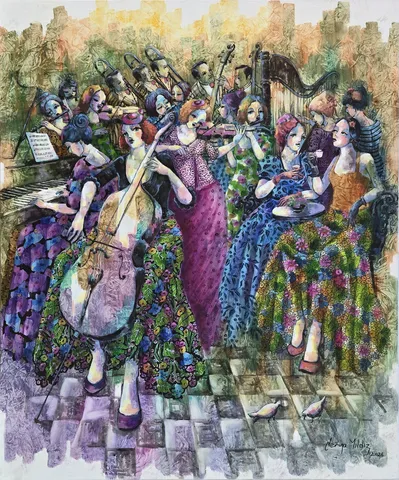 "Orkestra" eseri DERYA YILDIZ tarafından 2026 yılında 120x100 cm ölçülerinde Tuval üzeri yağlı boya tekniği ile yapılmıştır.
