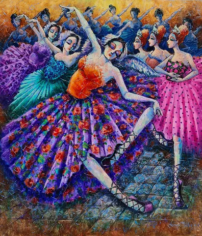 "Balerinler" eseri DERYA YILDIZ tarafından 2021 yılında 90x80 cm ölçülerinde Tuval üzeri yağlı boya tekniği ile yapılmıştır.