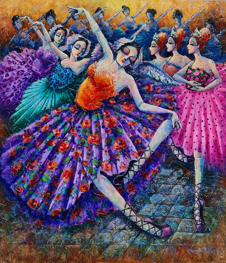 "Balerinler" eseri DERYA YILDIZ tarafından 2021 yılında 90x80 cm ölçülerinde Tuval üzeri yağlı boya tekniği ile yapılmıştır.