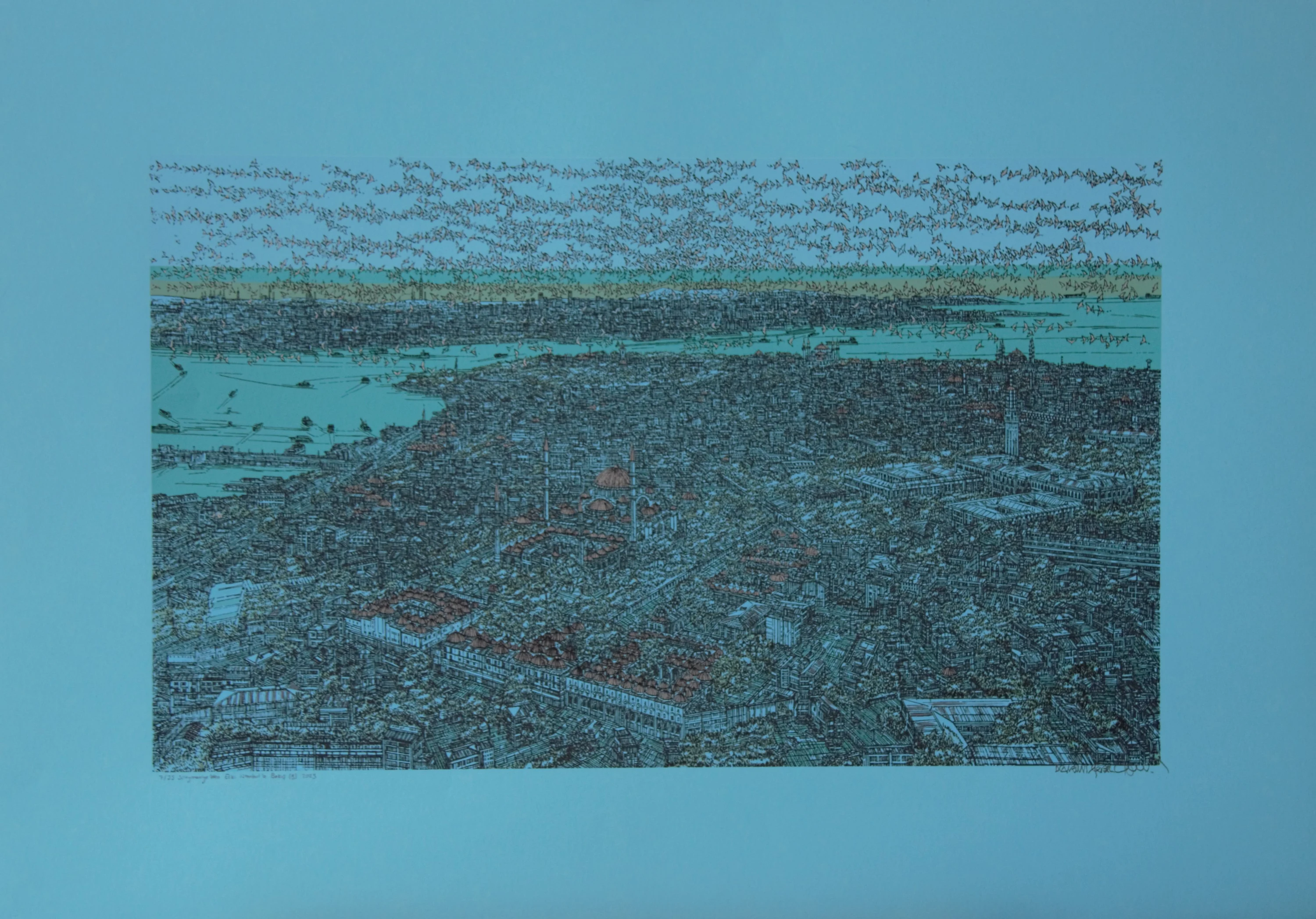 "Süleymaniye den Eski İstanbul'a Bakış (B)" eseri DEVRİM ERBİL tarafından 2023 yılında 70x100 cm ölçülerinde Serigrafi özgün baskı tekniği ile yapılmıştır.