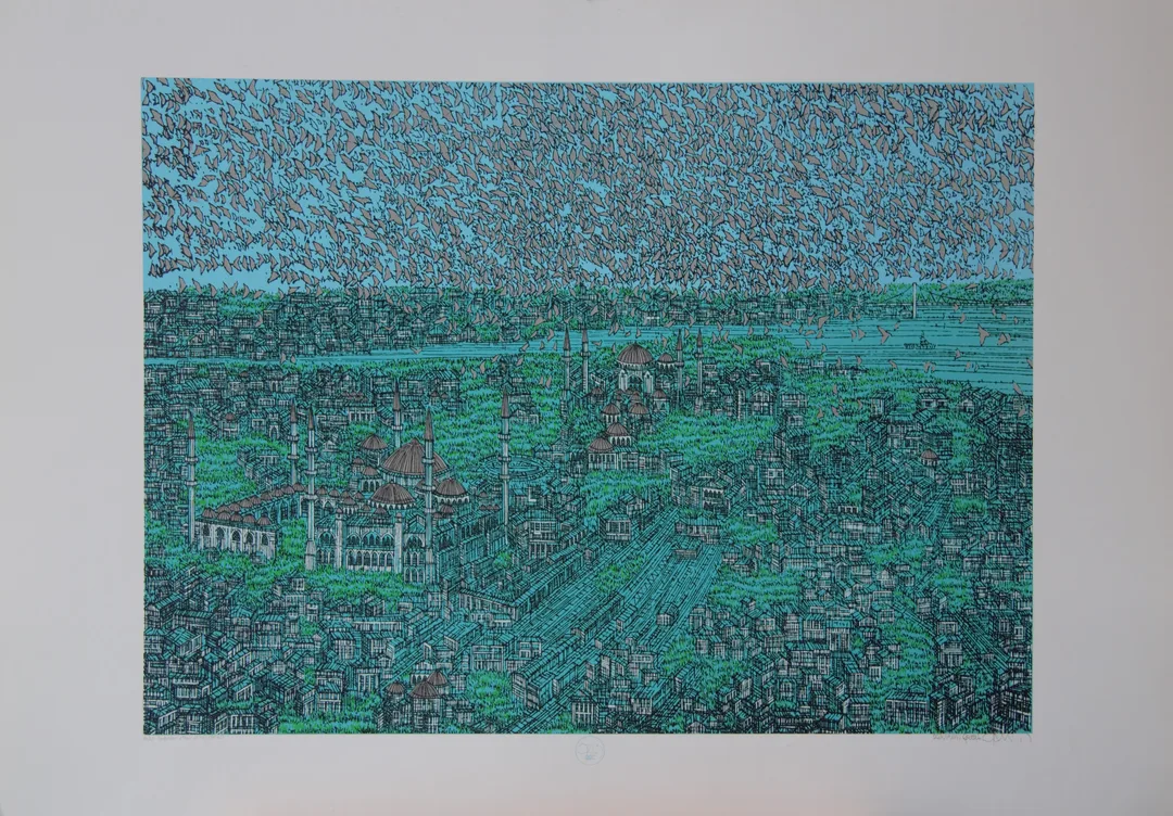 yakınlaştır "İstanbul, Mavi Şiir" eseri DEVRİM ERBİL tarafından 2023 yılında 70x100 cm ölçülerinde Serigrafi özgün baskı tekniği ile yapılmıştır.