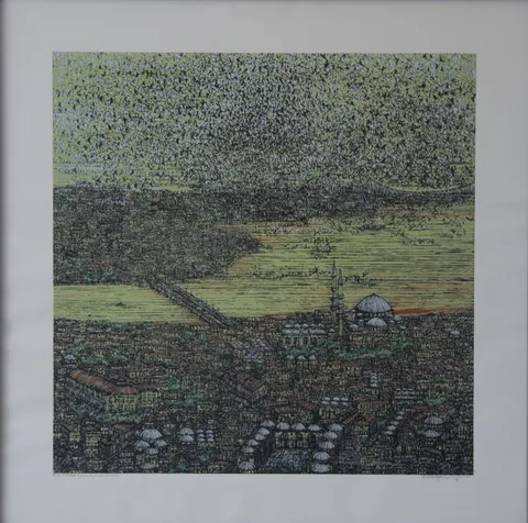 "İstanbul Yorum ve Kuşlar (D)" eseri DEVRİM ERBİL tarafından 2014 yılında 70x70 cm ölçülerinde Serigrafi özgün baskı tekniği ile yapılmıştır.