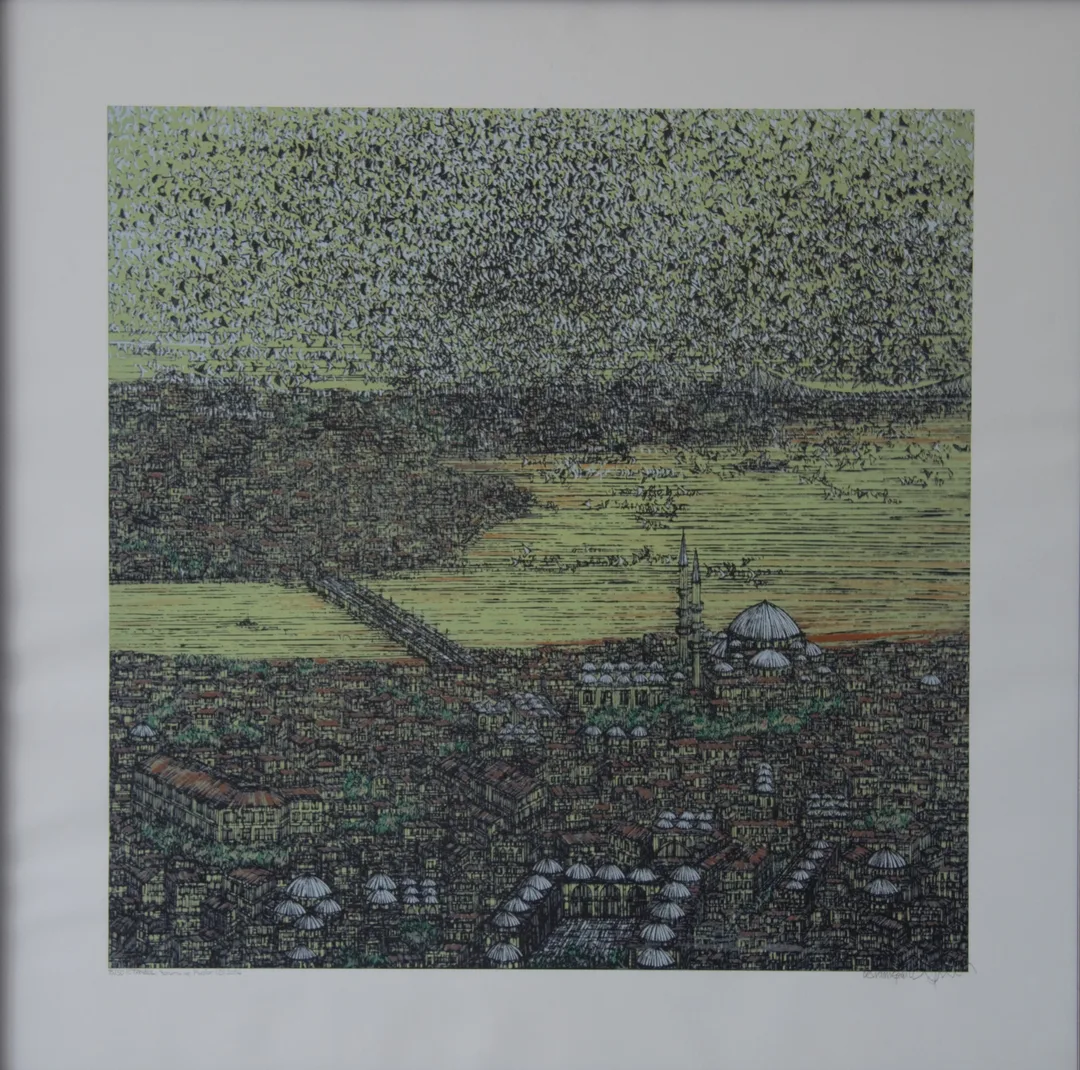 yakınlaştır "İstanbul Yorum ve Kuşlar (D)" eseri DEVRİM ERBİL tarafından 2014 yılında 70x70 cm ölçülerinde Serigrafi özgün baskı tekniği ile yapılmıştır.