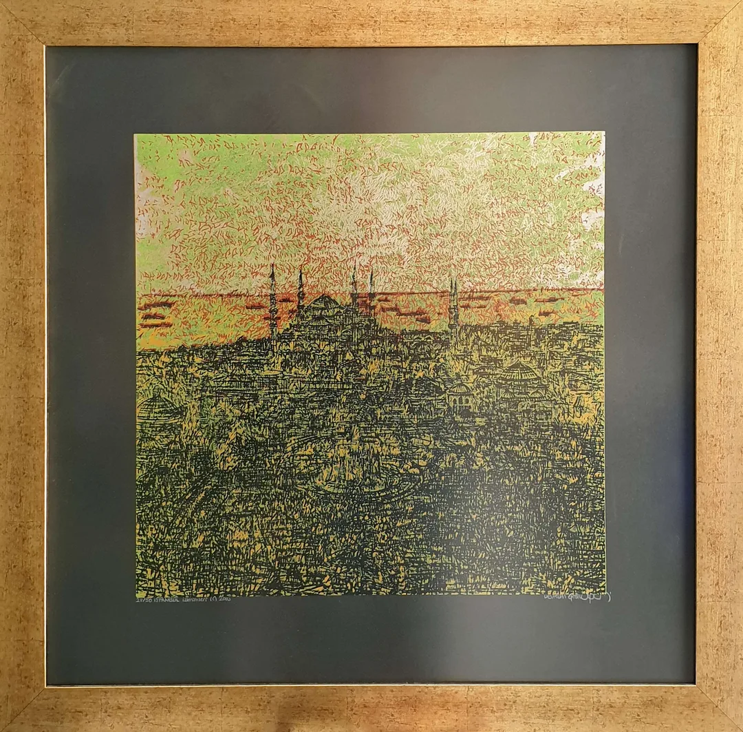 "İstanbul izlenimleri" eseri DEVRİM ERBİL tarafından 2010 yılında 50x50 cm ölçülerinde Serigrafi tekniği ile yapılmıştır.