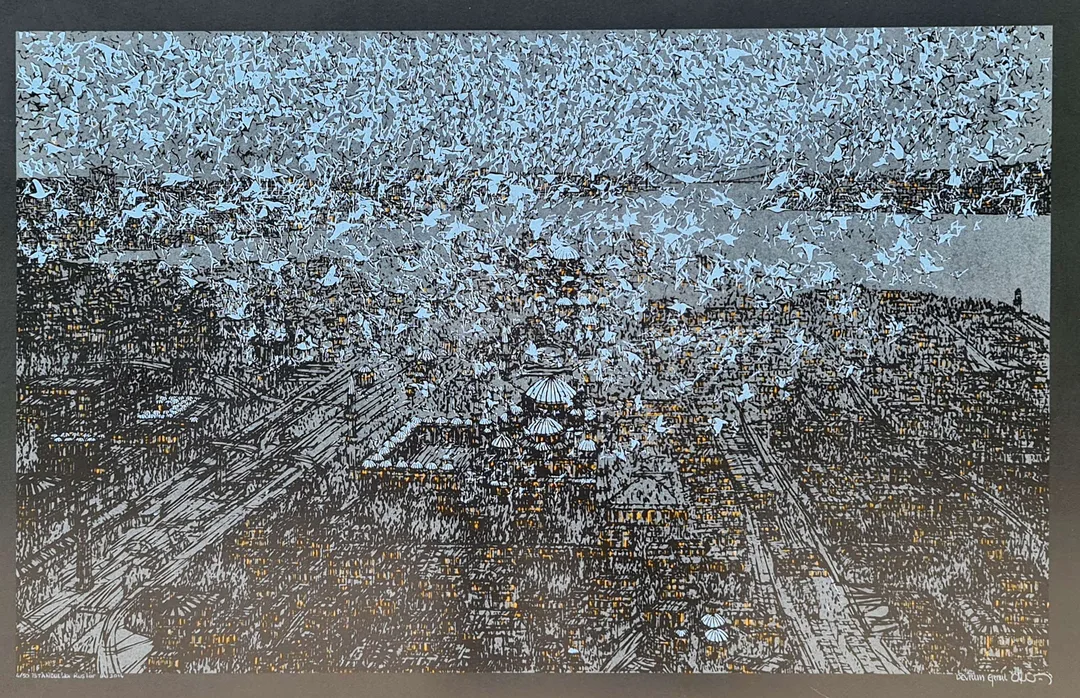 "İstanbul'da Kuşlar" eseri DEVRİM ERBİL tarafından 2014 yılında 51x80 cm ölçülerinde Serigrafi tekniği ile yapılmıştır.