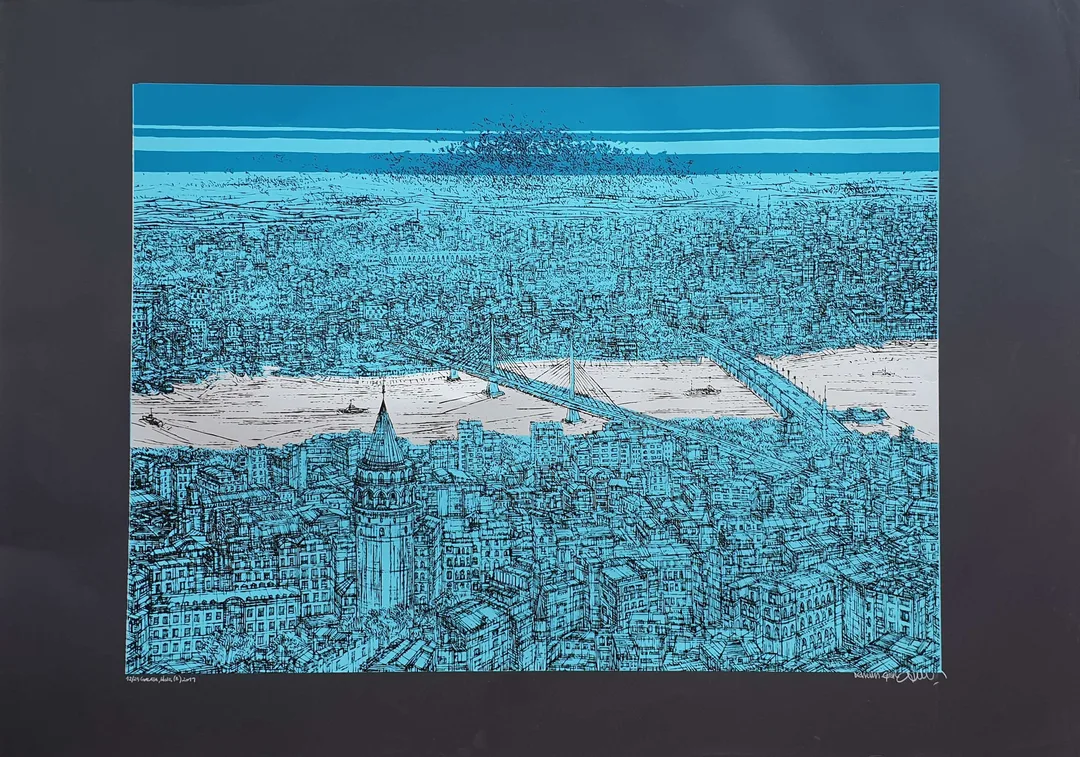 yakınlaştır "Galata ve Haliç" eseri DEVRİM ERBİL tarafından 2019 yılında 70x100 cm ölçülerinde Serigrafi tekniği ile yapılmıştır.