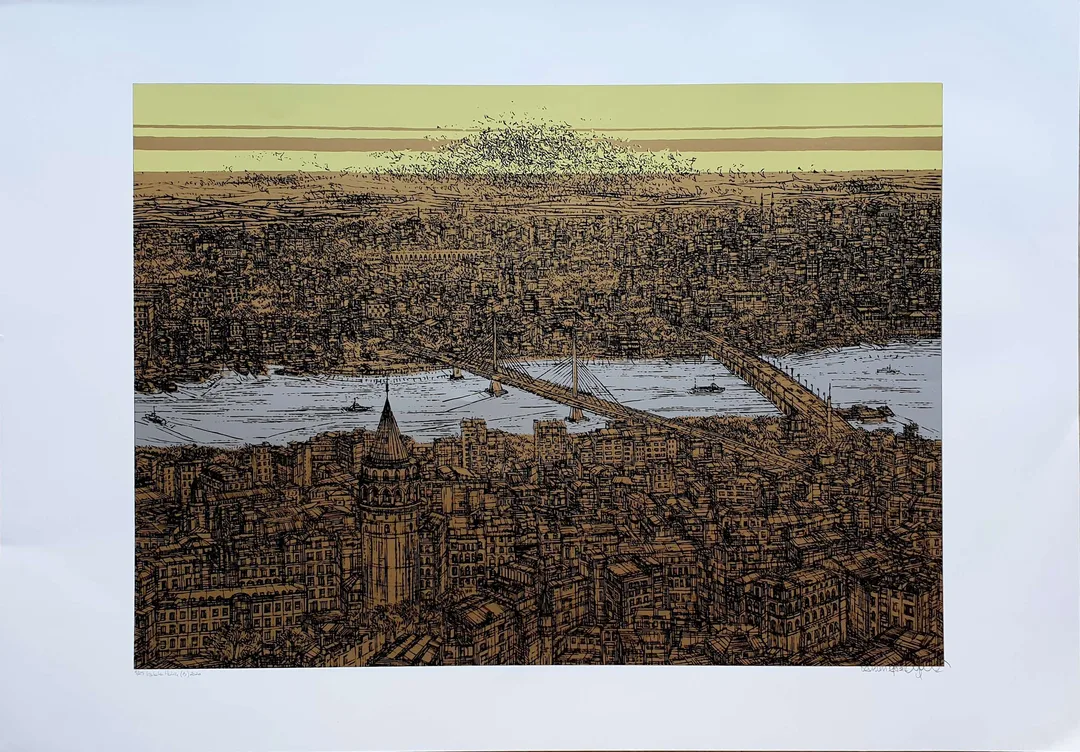 yakınlaştır "Galata ve Haliç" eseri DEVRİM ERBİL tarafından 2020 yılında 70x100 cm ölçülerinde Serigrafi tekniği ile yapılmıştır.