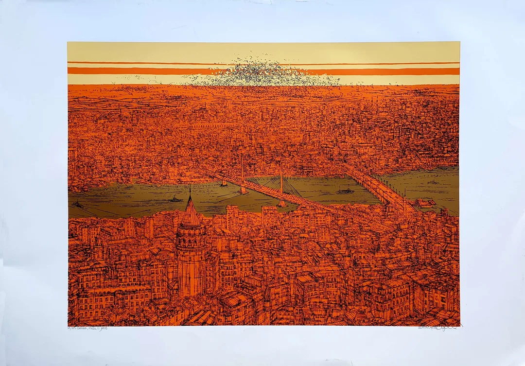 yakınlaştır "Galata ve Haliç" eseri DEVRİM ERBİL tarafından 2019 yılında 70x100 cm ölçülerinde Serigrafi tekniği ile yapılmıştır.