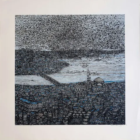 DEVRİM ERBİL — “İstanbul Yorumu ve Kuşlar”, 2014 "İstanbul Yorumu ve Kuşlar" eseri DEVRİM ERBİL tarafından 2014 yılında 70x70 cm ölçülerinde Serigrafi tekniği ile yapılmıştır.