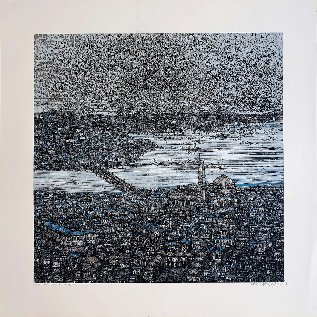 "İstanbul Yorumu ve Kuşlar" eseri DEVRİM ERBİL tarafından 2014 yılında 70x70 cm ölçülerinde Serigrafi tekniği ile yapılmıştır.
