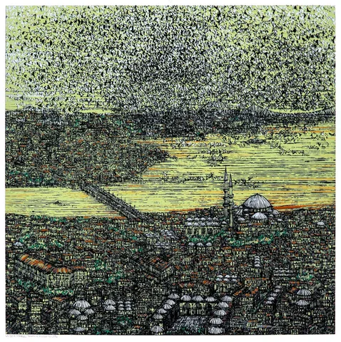 DEVRİM ERBİL — “İstanbul; Yorumu ve Kuşlar”, 2014 "İstanbul; Yorumu ve Kuşlar" eseri DEVRİM ERBİL tarafından 2014 yılında 55x55 cm ölçülerinde Baskı tekniği ile yapılmıştır.