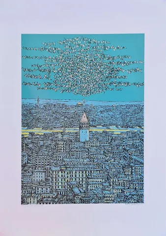"İstanbul Mavi Yorum (D)" eseri DEVRİM ERBİL tarafından 2022 yılında 100x70 cm ölçülerinde Serigrafi tekniği ile yapılmıştır.
