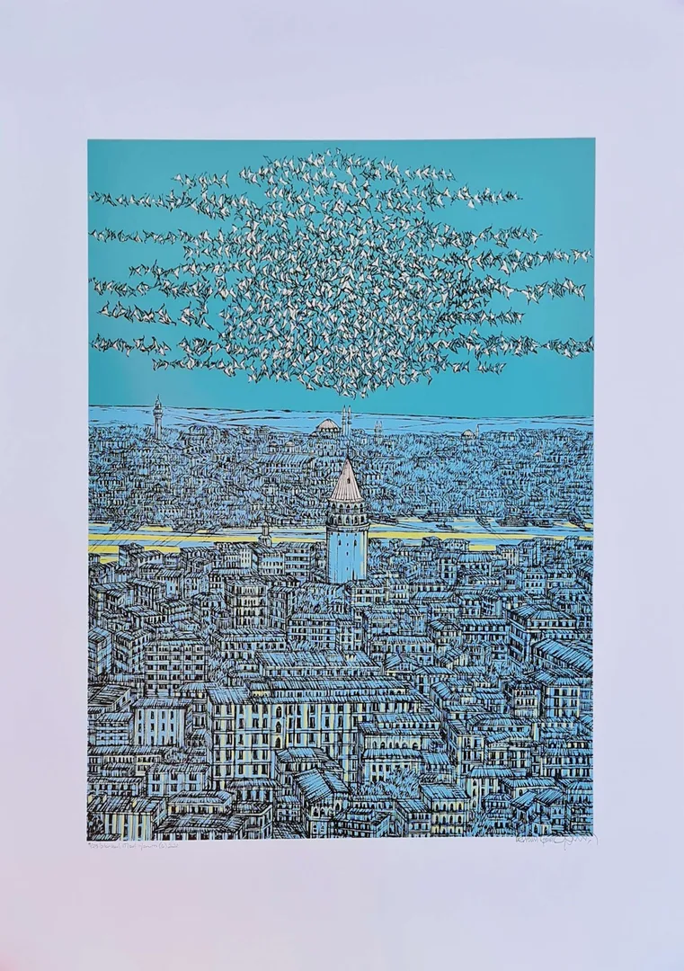yakınlaştır "İstanbul Mavi Yorum (D)" eseri DEVRİM ERBİL tarafından 2022 yılında 100x70 cm ölçülerinde Serigrafi tekniği ile yapılmıştır.