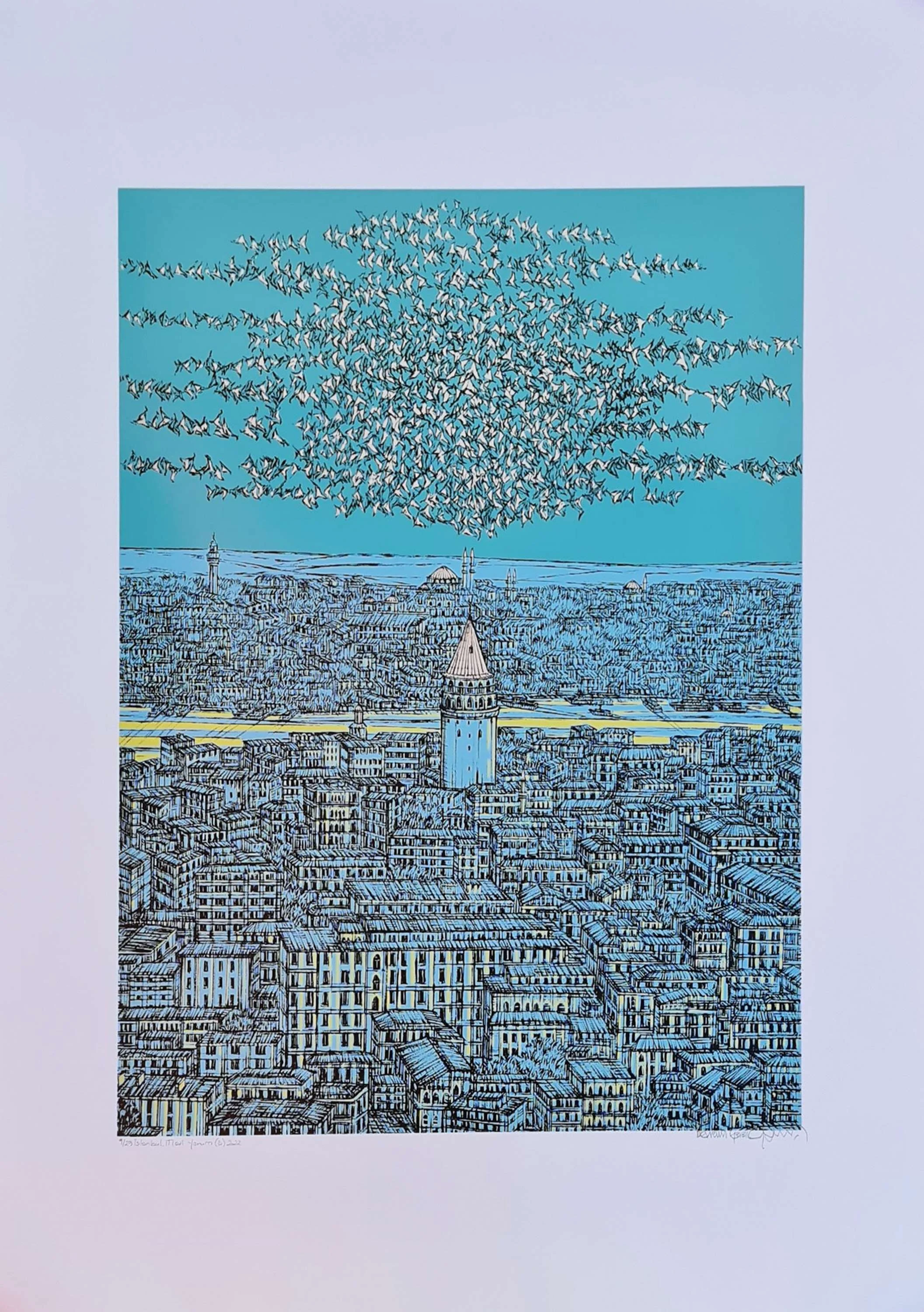 "İstanbul Mavi Yorum (D)" eseri DEVRİM ERBİL tarafından 2022 yılında 100x70 cm ölçülerinde Serigrafi tekniği ile yapılmıştır.