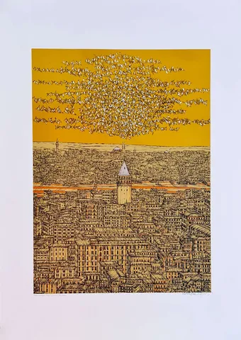 "İstanbul Mavi Yorum (B)" eseri DEVRİM ERBİL tarafından 2022 yılında 100x70 cm ölçülerinde Serigrafi tekniği ile yapılmıştır.