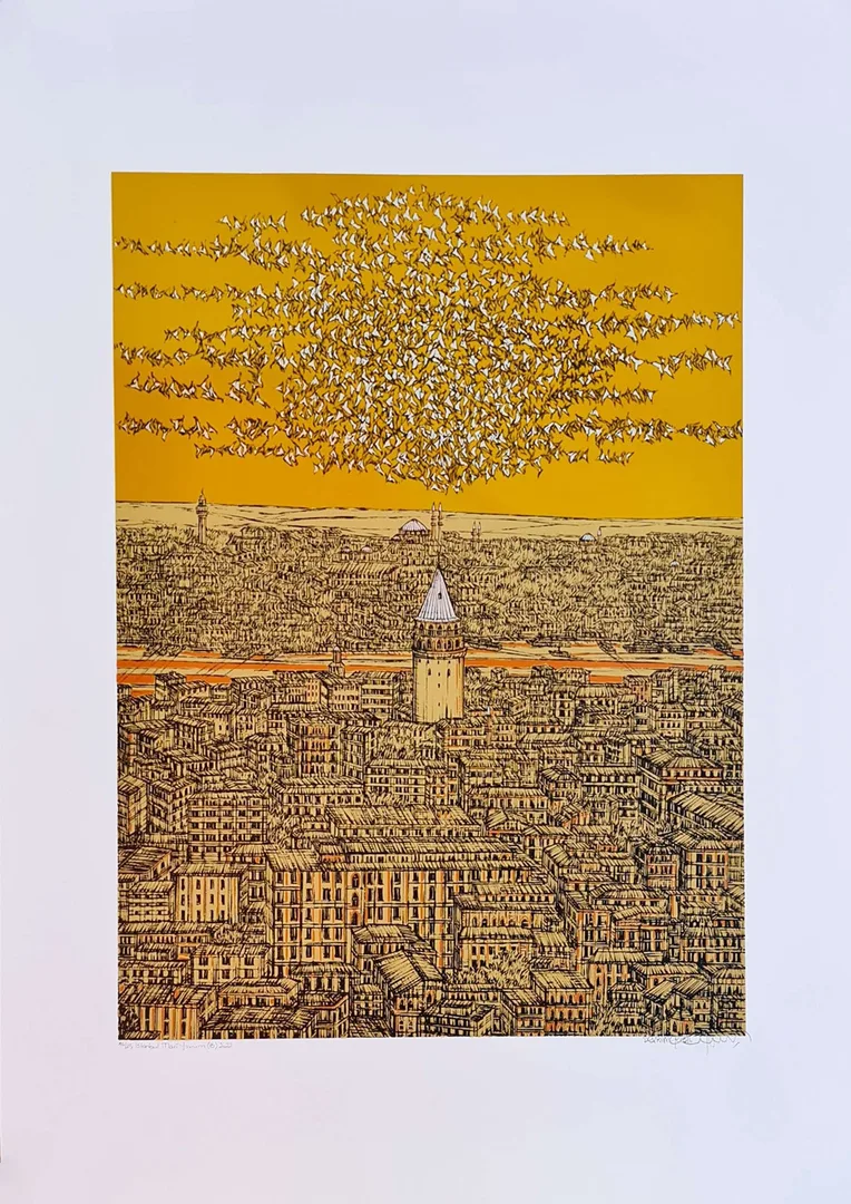 "İstanbul Mavi Yorum (B)" eseri DEVRİM ERBİL tarafından 2022 yılında 100x70 cm ölçülerinde Serigrafi tekniği ile yapılmıştır.