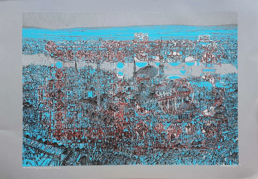 "Süleymaniye Kentsel Yorum" eseri DEVRİM ERBİL tarafından 2020 yılında 70x100 cm ölçülerinde Serigrafi tekniği ile yapılmıştır.