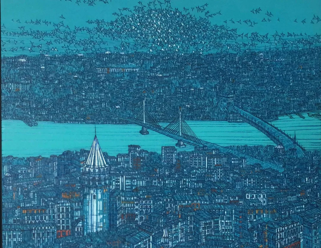 "İstanbul, Galata'ya Turkuaz Bakış" eseri DEVRİM ERBİL tarafından 2022 yılında 100x120 cm ölçülerinde yapılmıştır.