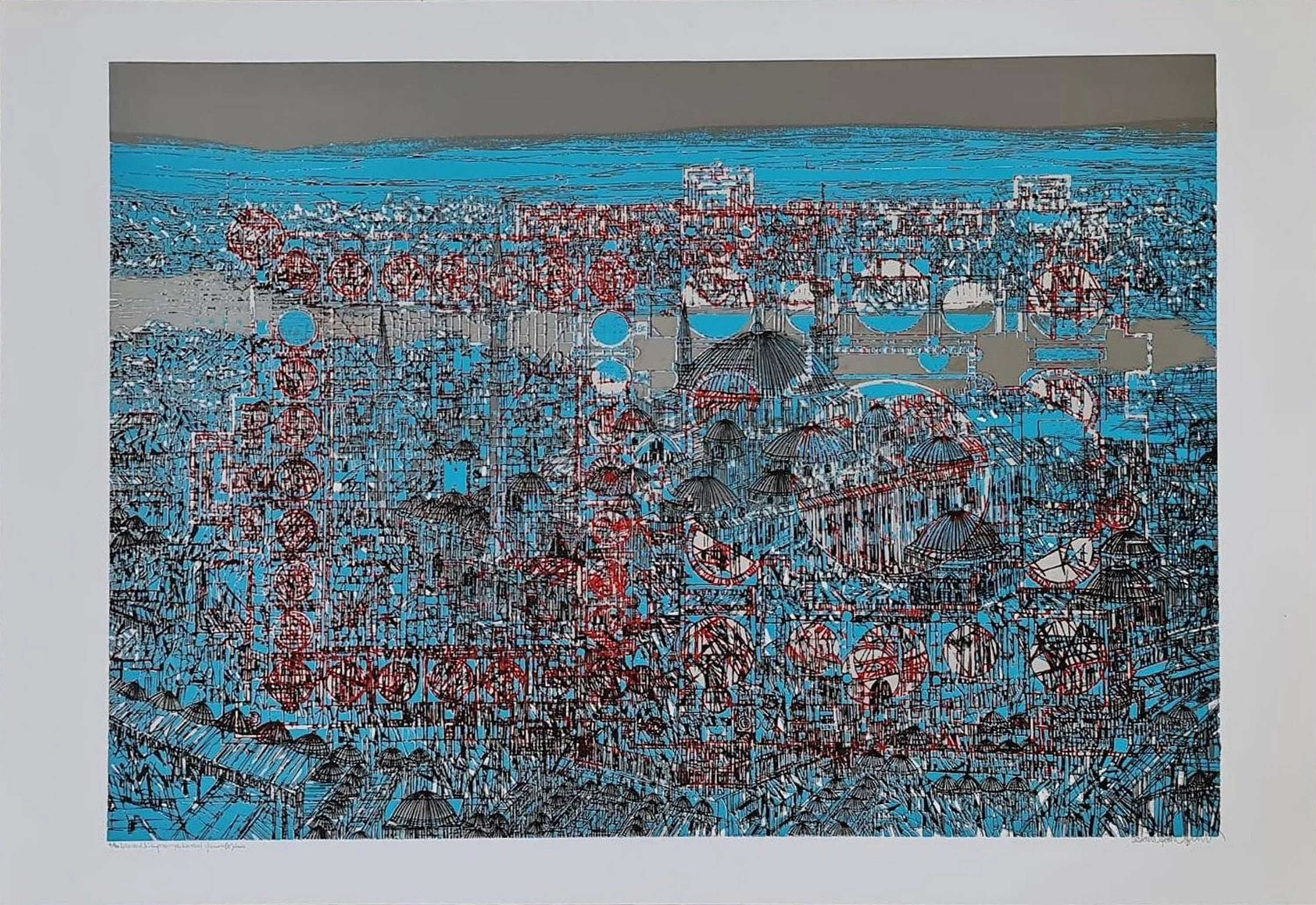 "İstanbul , Süleymaniye Kentsel Yorum (E)" eseri DEVRİM ERBİL tarafından 2020 yılında 70x100 cm ölçülerinde Serigrafi tekniği ile yapılmıştır.