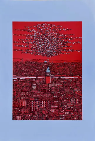 "İstanbul Mavi Yorum" eseri DEVRİM ERBİL tarafından 2022 yılında 100x70 cm ölçülerinde Serigrafi tekniği ile yapılmıştır.