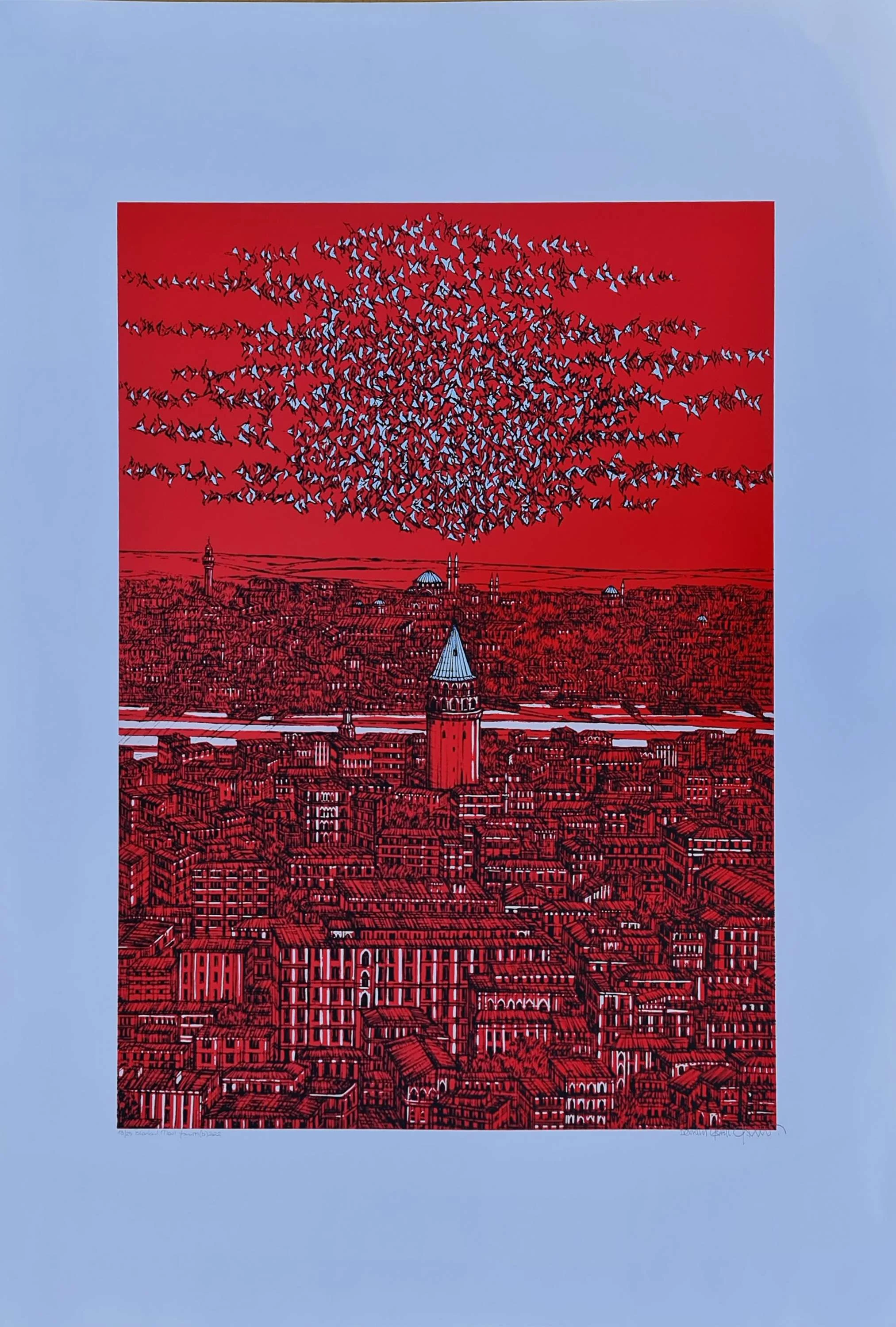 "İstanbul Mavi Yorum" eseri DEVRİM ERBİL tarafından 2022 yılında 100x70 cm ölçülerinde Serigrafi tekniği ile yapılmıştır.