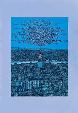 "İstanbul Mavi Yorum ( Edisyon 14/25 (C) )" eseri DEVRİM ERBİL tarafından 2022 yılında 100x70 cm ölçülerinde Serigrafi tekniği ile yapılmıştır.
