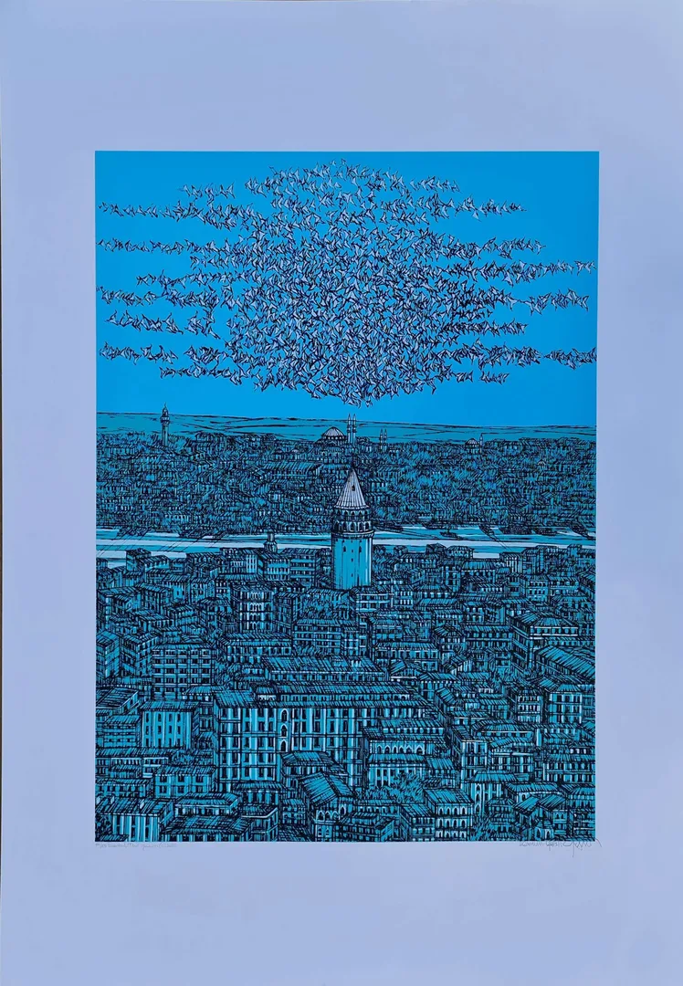 "İstanbul Mavi Yorum ( Edisyon 14/25 (C) )" eseri DEVRİM ERBİL tarafından 2022 yılında 100x70 cm ölçülerinde Serigrafi tekniği ile yapılmıştır.