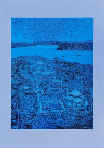 "İstanbul Sultan Ahmet'ten Boğaz'a Bakış" eseri DEVRİM ERBİL tarafından 2022 yılında 100x70 cm ölçülerinde Serigrafi tekniği ile yapılmıştır.