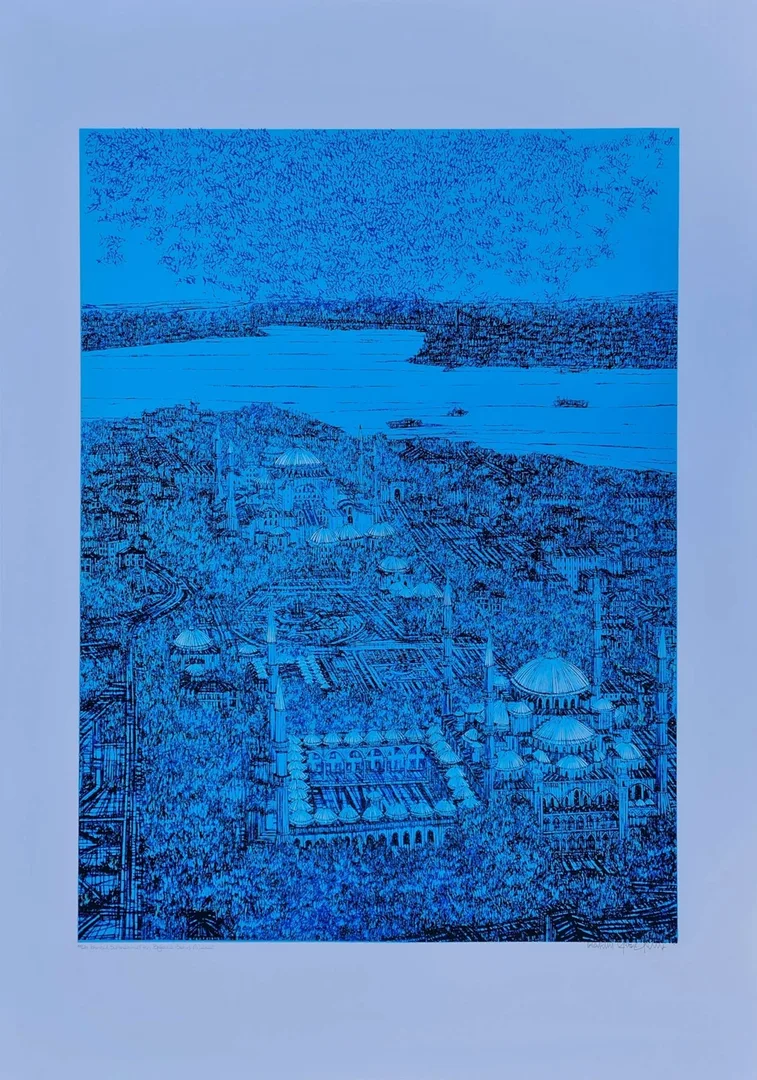yakınlaştır "İstanbul Sultan Ahmet'ten Boğaz'a Bakış" eseri DEVRİM ERBİL tarafından 2022 yılında 100x70 cm ölçülerinde Serigrafi tekniği ile yapılmıştır.