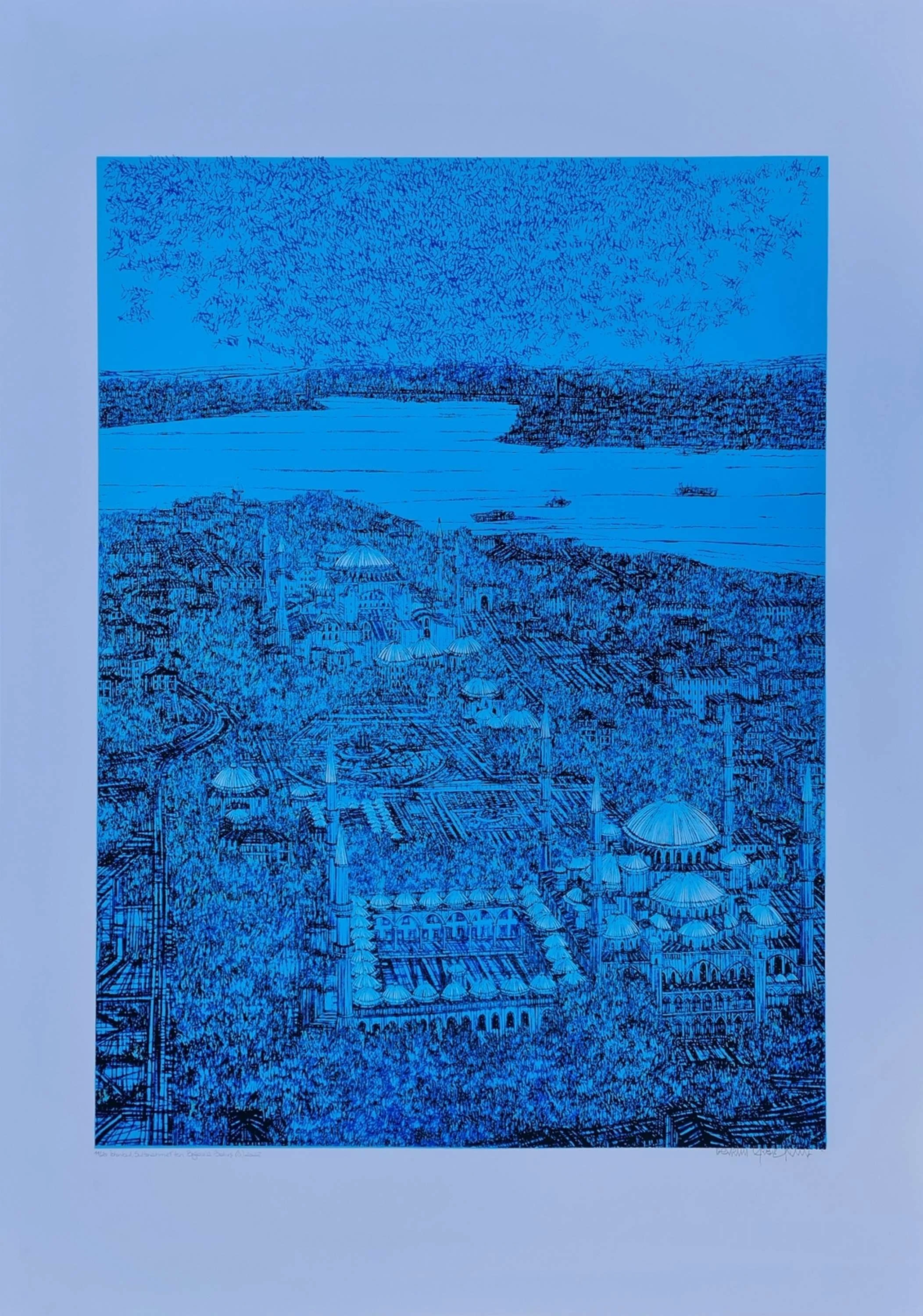 "İstanbul Sultan Ahmet'ten Boğaz'a Bakış" eseri DEVRİM ERBİL tarafından 2022 yılında 100x70 cm ölçülerinde Serigrafi tekniği ile yapılmıştır.